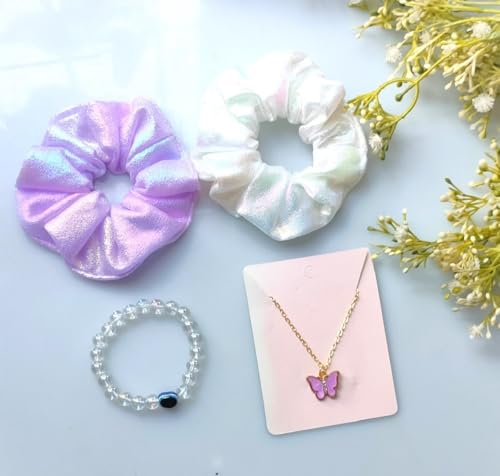 Image of Gift Hamper Combo for Women & Girls 2 Scrunchies, 1 Butterfly Neck Piece, 1 Evail-Eye Heand Breaclate with Box (Purpul & White)