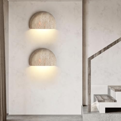 Image of Semi Circle Yellow Travertine Wall Lamp Japanese Style Wabi-Sabi Art Lighting Fixture Half Moon Marble Wall Sconce Natural Stone Bedside Wall Light For Foyer Bedroom Stairs