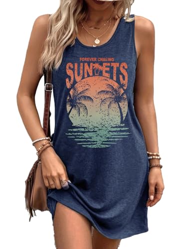 Image of Summer Tank Dress for Women Sunset Palm Tree Beach Vacation Cover Up