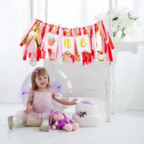 Image of Strawberry Highchair Banner - 1st Birthday Decoration, Sweet One Birthday Party Supplies for Girl Shower, Pink and Red Fairy Strawberry Photo Props