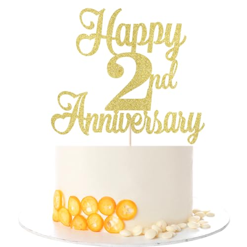 Kaoenla Gold Glitter Happy 2nd Anniversary Cake Toppers