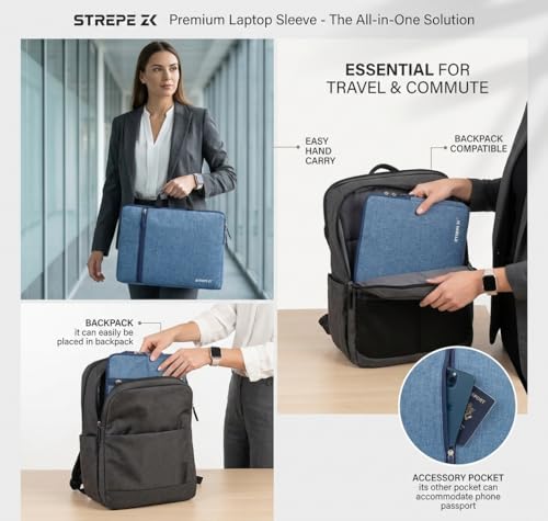 Image of STREPE ZK 16 inch Laptop Case with Charger Pouch | 2 Components, Sleeve with Handle | for All Type of Notebooks up to 16 inches Lenovo, HP, Dell, Mac Book Pro, Mi, Asus | Laptop Cover Bag, Blue
