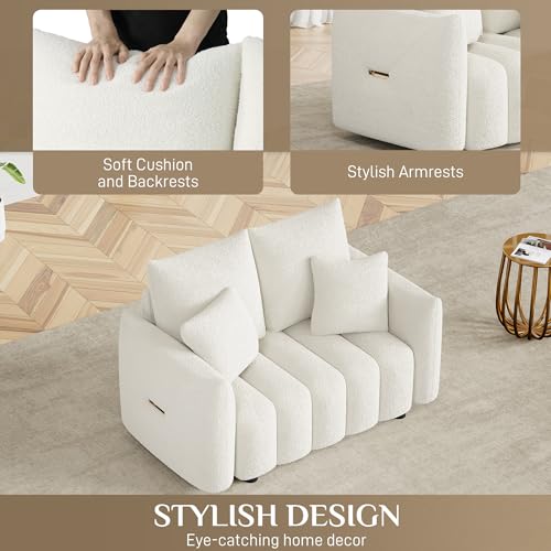 Image of OUYESSIR 56 inch Modern Sofa Couch, Comfy Deep Seat Teddy Cloud Sofa, Upholstered 2-Seater Boucle Couch, Oversized Loveseat for Living Room, Bedroom, Office, Apartment, Beige White