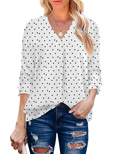Pelixio Womens 3/4 Cuffed Sleeve Printed Casual Chiffon Blouses V Neck Tunic Tops Work Shirt White