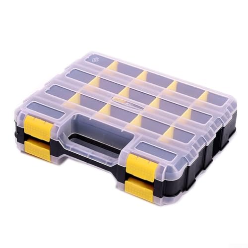 Boîte de rangement à outils, 34 compartiments double face avec cloisons amovibles en plastique pour vis, écrous, boulons, design transparent pour maison, garage, atelier (jaune)