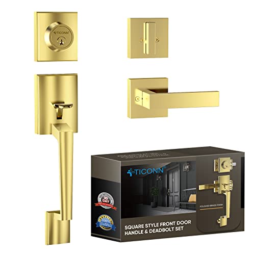 Image of TICONN Front Door Handle Set, Heavy Duty Square Door Lever & Single Cylinder Deadbolt Combo Reversible for Entrance Exterior Doors (Polished Brass)