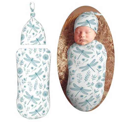 Image of Muishi Blue Dragonfly Newborn Swaddle Blankets Hat Sets Soft Baby Receiving Blanket Swaddle Sack for Baby Shower Infant Boy Girl Gift