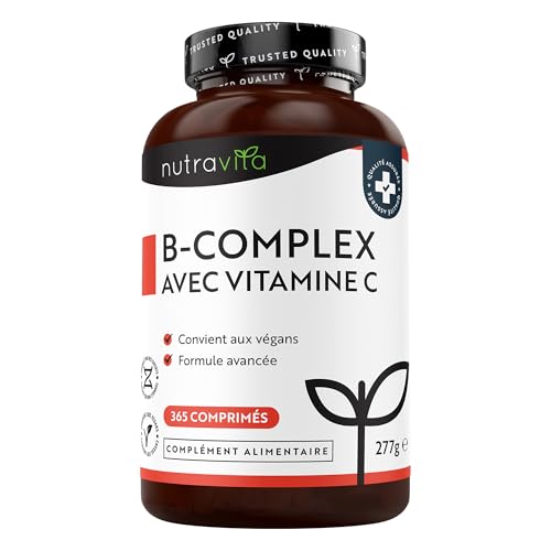 Complex de Vitamine B avec Vitamine C - 365 Comprimés Végans pour 1 An, Toutes les 8 Vitamines B, Soutient Immunitaire, Cheveux, Réduction de la Fatigue (EFSA) Vitamine B Complex - Nutravita