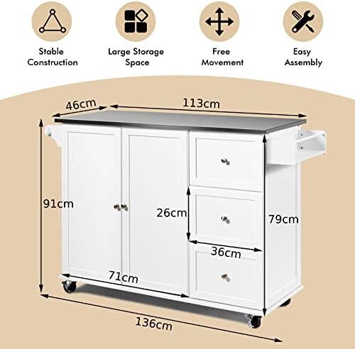 COSTWAY Large Kitchen Storage Trolley, Rolling Island Cart with Stainless Steel Countertop, Adjustable Shelves & 5 Wheels, Home Dining Room Serving Utility Organiser Cabinet, 136x46x91cm (White)