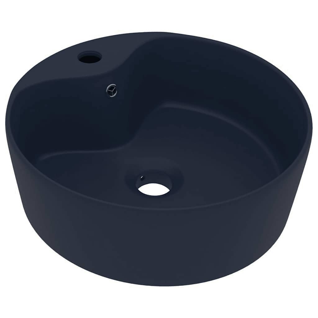 Lavabo azul oscuro mate de cerámica de 36 cm redondo con rebosadero 1