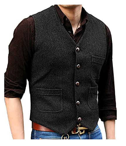 Image of SOLOVEDRESS Mens Vintage Tweed Suit Vest V Neck Casual Wool Waistcoat for Wedding Groomsmen
