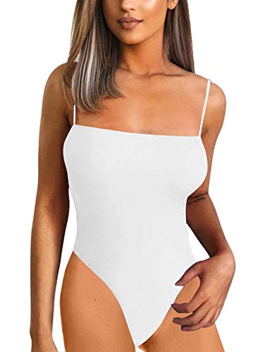 BEAGIMEG Women's Spaghetti Strap Bodysuits Tops Back Adjustable Solid Basic Leotard White