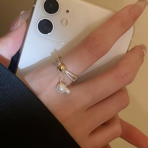 Trendy Layered Pearls Chain Tassel Open Ring For Women 14K Gold Plated CZ Adjustable Statement Wrap Finger Band Rings Eternity Fashion Wedding Engagement Jewelry2