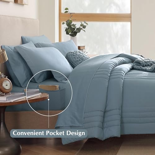 Image of Monbix Full Size Comforter Sets - 7 Pieces Dusty Blue Bed in a Bag Full Size Bedding Sets with Comforters, All Seasons Comforter with Sheets, Pillowcases & Shams
