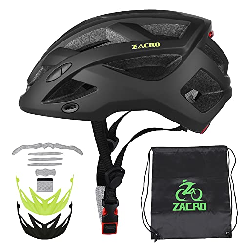 Zacro Adult Bike Helmet with Rear Light - Cycle Helmet with Replacement Pads & Detachable Visor, Specialized for Mens Womens Youth Safety Protection, Matte Black