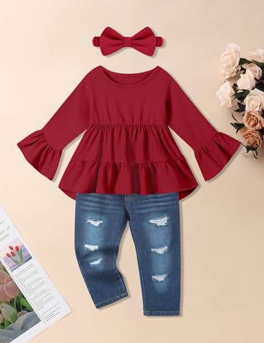 Image of Toddler Girl Clothes Long Sleeve Ruffle Dress Top and Jeans Pants Toddler Girl Fall Outfits