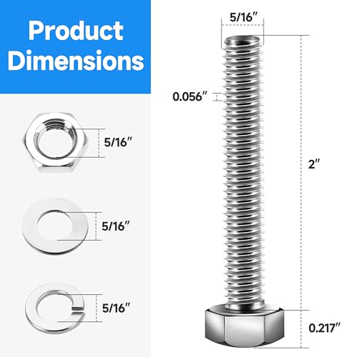 Image of (12 Sets) 5 /16-18 x 2 inch, 5 /16 Bolt Hex Head Screws Nuts and Bolts Kit with 5 /16 Stainless Steel, Nuts Bolts Washers Assortment, Fully Threaded by Marysino