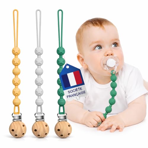 Attache Tetine (3 Couleurs) - Attache Sucette - Accroche Tétine Bebe - Lot De Accroches - Tétines En Silicone Testées & Approuvées (Mauve/Bleu-Vert/Gris)