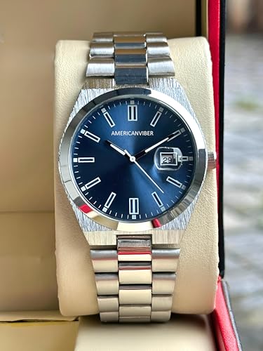 Image of AMERICANVIBER Men's Silver Stainless Steel Watch, Vibrant Green Sunburst Dial, Quartz Analog Movement, Date Display, Faceted Bezel for Men