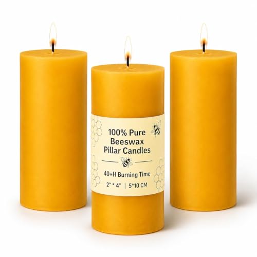Azuritek 3 PCS Beeswax Pillar Candles Each 40H Burn Time 100% Pure Natural Beeswax Clean Long Burning Non-Toxic Pillar Candles - Perfect for Home and Birthday Decorations - 2x4in