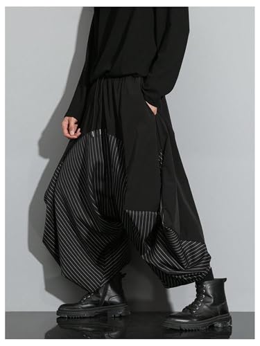 OYOANGLE Men's Striped Harem Pants Drawstring Waist Drop Crotch Hippie Wide Leg Capri Trousers2