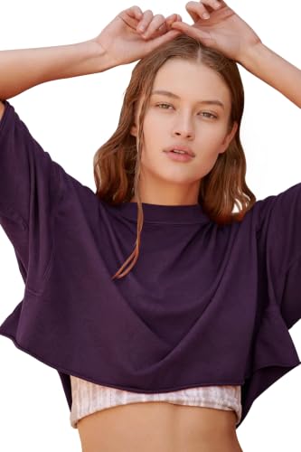 Image of HUGOOME Womens Oversized Workout Crop Top Casual Short Sleeve Boxy Roll Hem