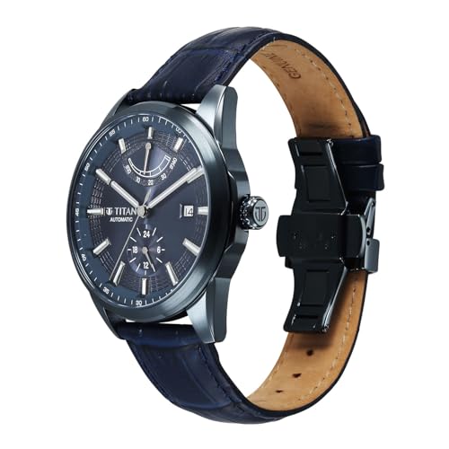 Image of Titan Aion Concealed Automatic Analog with Power Reserve Indicator and Blue Dial Blue Leather Strap Watch for Men - 90224QL01