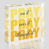 Yellow Room Decor, Inspirational Christian Gifts for Women, Yellow Dorm Bathroom Room Decoration, Office Decor for Women, Acrylic Office Desk Accessories Decoration Wall Art Sign-Pray through it
