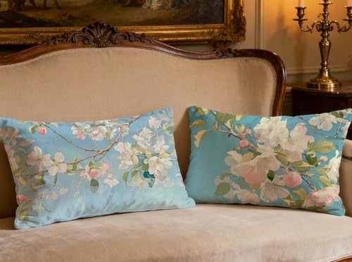 Housse de coussin bleu velours 40x80cm avec impression recto verso florale durable