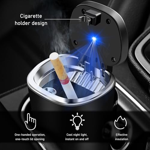Image of Ohleats Car Ashtray, Detachable Stainless Steel Smokeless Ash Tray with LED Blue Light, Auto Ashtray with Lid Smell Proof Weed for Most Vehicles, Universal Interior Car Accessories (Pack of 2)