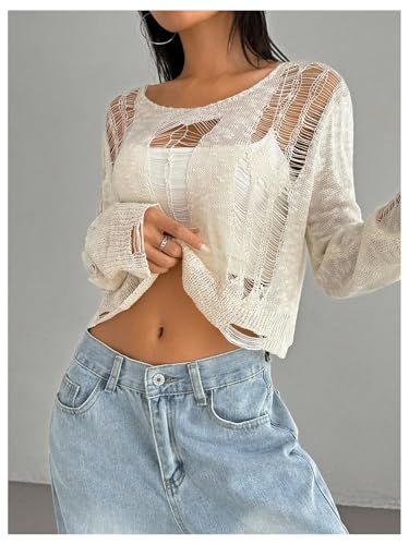 SHENHE Women's See Through Ripped Sweater Gothic Grunge Y2k Crew Neck Crop Sweater Pullover3