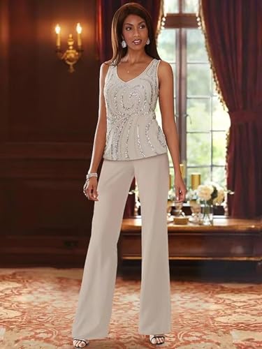 3 Pieces Chiffon Mother of The Bride Pant Suits for Wedding Sequin Wedding Guest Outfit for Women with Jacket3