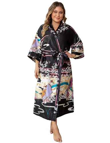 feslieacc Japanese Kimono Robes for Women Plus Size Long Satin Kimonos Floral Silk Long Robes Sleepwear,Black