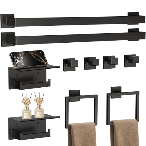 JIXB 10-Piece Matte Black Bathroom Accessories Set, 23.6 Inch Bathroom Hardware Set, SUS304 Stainless Steel Bath Towel Bar Set, Toilet Paper Holder with Shelf, Towel Hooks, Towel Rings Wall Mounted