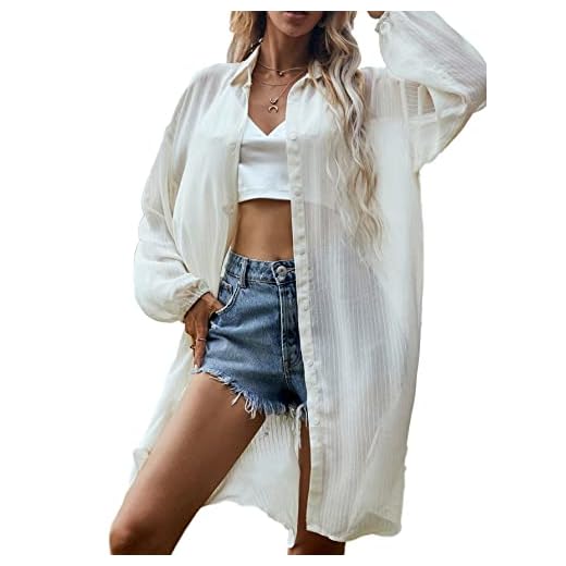 Verdusa Women's Button Up Long Sleeve Sheer Oversized Longline Blouse Cover Ups White M