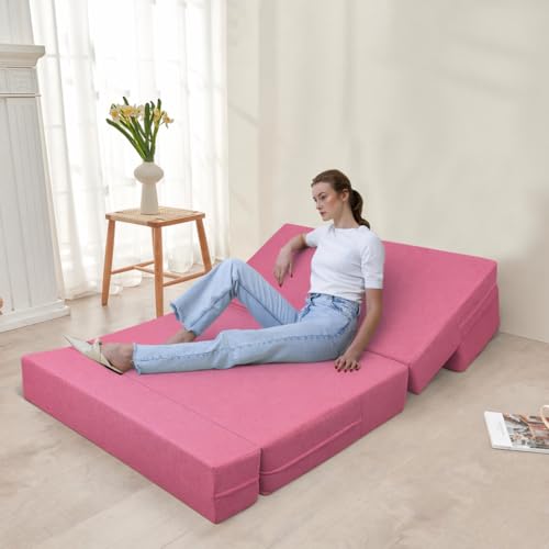 Image of Rosebell Foldable 3 Seater Sofa Cum Bed, Printed Sofa Bed 5X6 Feet, Washable Cover- Perfect for Home & Office - Rose Pink Color for Home