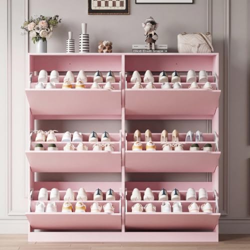 Image of Xixini Shoe Storage Cabinet for Entryway with 6 Flip Drawers, Sturdy Wood Hidden Shoe Storage, Freestanding Narrow Slim Shoe Organizer for Front Door Entrance, Living Room, Hallway, Bedroom, Pink