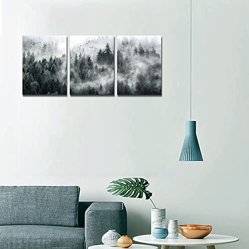 Mhartk66 Canvas Wall Art For Living Room Modern Wall Decorations For Bedroom Foggy Forest Trees Landscape Wall Painting Office Wall Decor Ready To Hang Framed Wall Pictures Home Decor 12X16 3 Panels thumb #1