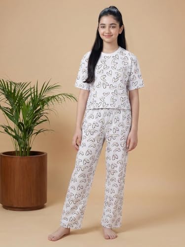 Image of Li'l Tomatoes Girls Cotton Night Suit Set | 100% Cotton Summer Co-Ord Set | Half Sleeve T-Shirt & Full Length Pajama | Soft & Breathable Printed Clothing Set | 9-16 Years