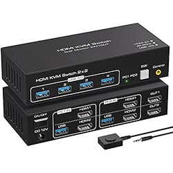 8K HDMI Dual Monitor KVM Switch 2 Monitors 2 Computers 4K120Hz 8K60Hz para 2 PC 2 Monitores con 4 Puertos USB 3.0 Soporte de Copia y Pantalla Extendida y Control de Escritorio Incluye 2 USB 3.0 Cable