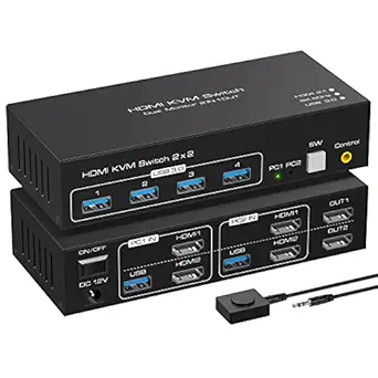 8K HDMI KVM Switch 2 Monitors 2 Computers Support 8K 60Hz 4K 120Hz KVM Switcher for Two PC Share Dual Monitors and 4 USB 3.0 Devices Support Copy and Extend Mode with External Accessories