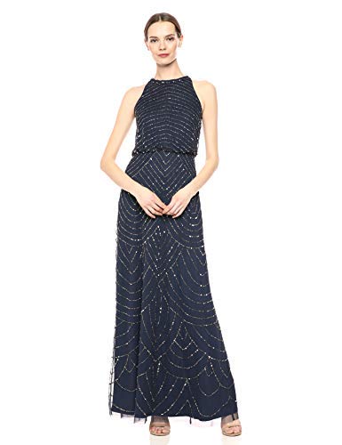 Adrianna Papell Women's Halter Art Deco Beaded Blouson Dress, Navy, 10
