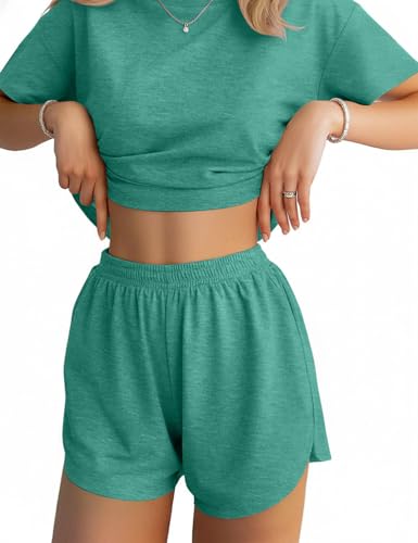 Image of JUSTFASHIONNOW Womens Pajama Sets Shorts Striped Print Two Piece Lounge Sets Crew Neck Sleepwear Split Shorts Set Soft Pjs