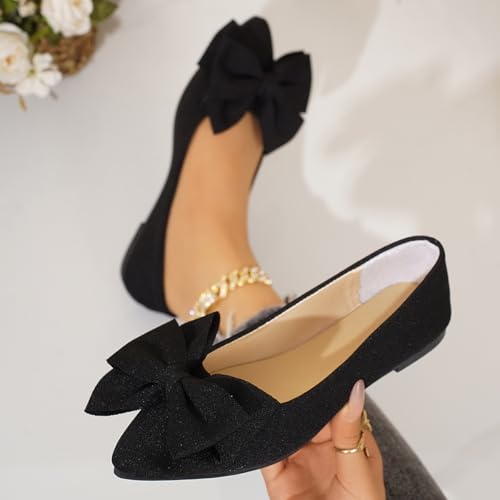 Women's Pointed Toe Ballet Flats, Bow Decoration Slip On Heel Comfortable Casual Work Formal Office Shoes - Faux Leather3