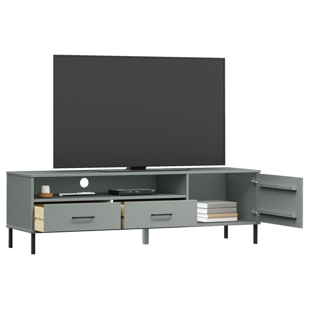 Oslo Mobile TV grigio in legno massiccio di pino, 158 x 40 x 46,5 cm, con gambe in metallo, 2 cassetti, centro di intrattenimento per soggiorno, stabile supporto TV