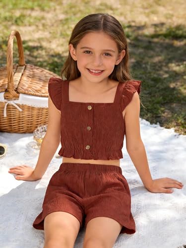 Image of Girls Summer Outfits Textured Botton Front Flutter Sleeve Shirt Ruffle Hem Crop Top and Solid Shorts Sets Rust Red 13-14 Years