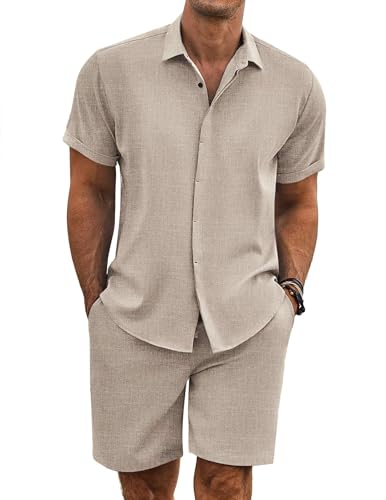 COOFANDY Men's Shirt and Short Sets Cruise Outfits for Men, khaki, Large