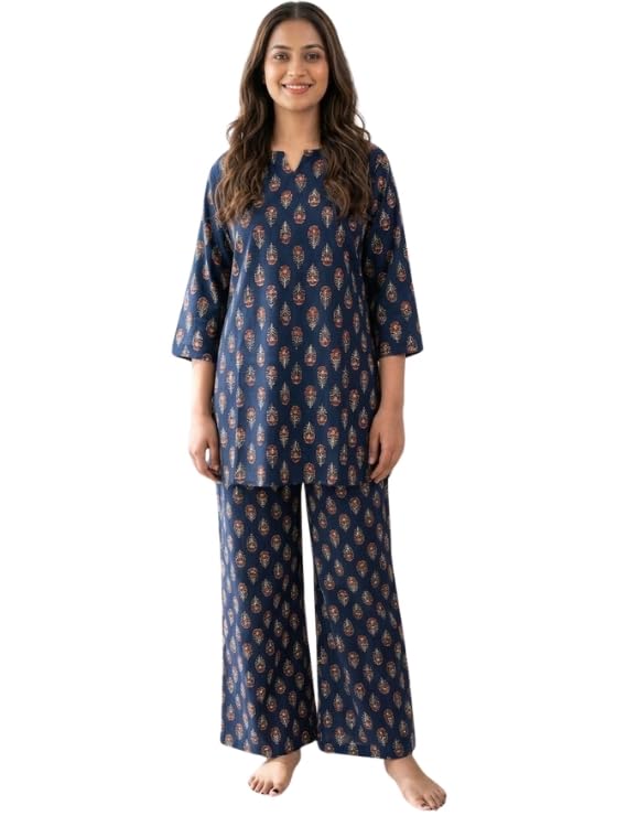 Women's Viscose Rayon Blue Night Suit | 3/4 Sleeve Boat Neck Co-Ord Set | Ethnic Lounge Wear | Night Wear Set