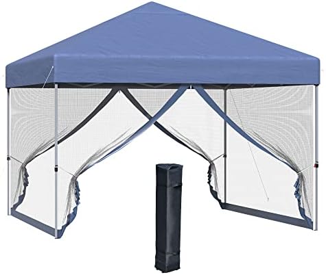 Outsunny 10' x 10' Pop Up Canopy Tent, Tents for Parties with Netting and Wheeled Carry Bag, Height Adjustable Instant Sun Shelter, for Outdoor, Garden, Patio, Blue