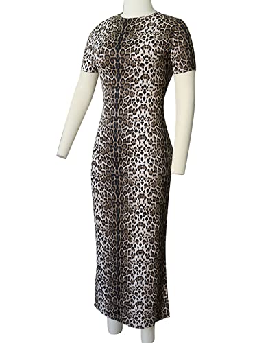 Image of Women's Long Bodycon Dresses Leopard Print Casual Maxi Club Party Tight Dress Short Sleeve